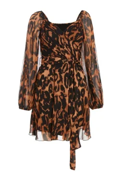 Quiz Mini Dresses|Going Out Dresses>Brown Leopard Print Open Sleeve Skater Dress