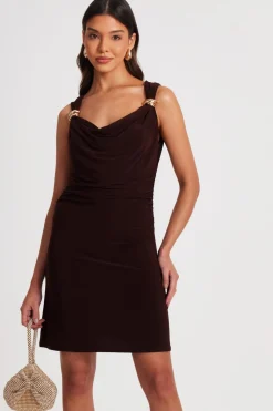 Quiz Going Out|Mini Dresses>Brown Mesh Cowl Neck Mini Dress
