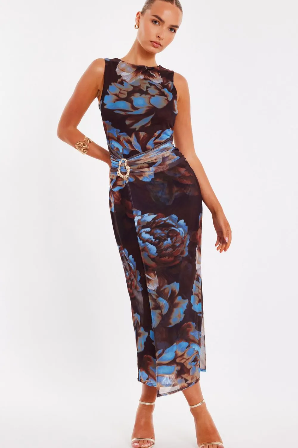 Quiz Going Out|Florals>Brown Mesh Floral Midaxi Dress