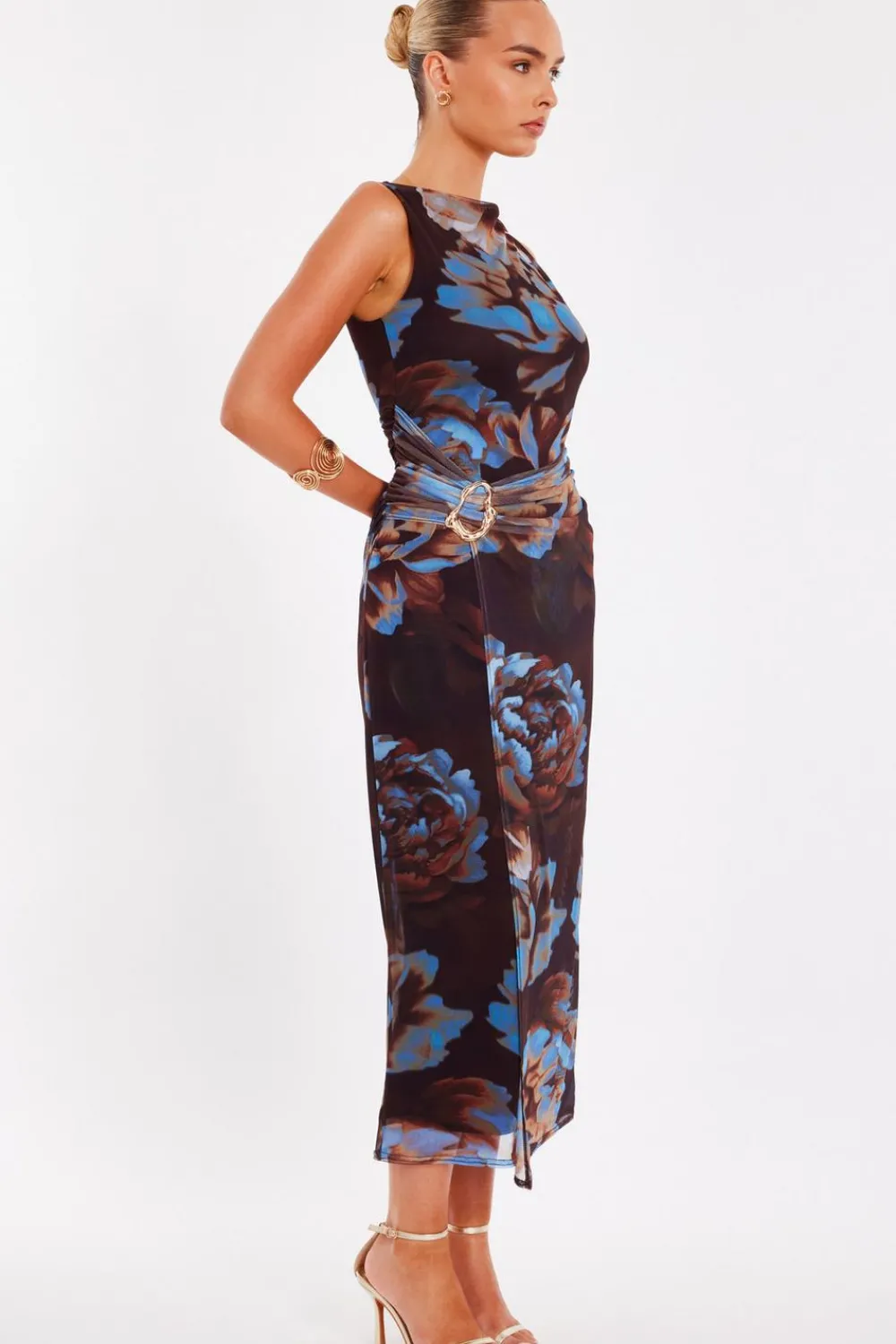Quiz Going Out|Florals>Brown Mesh Floral Midaxi Dress