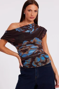 Quiz Going Out Tops|Day Tops>Brown Mesh Floral Top