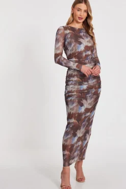 Quiz Modest|Going Out>Brown Mesh Printed Midaxi Dress