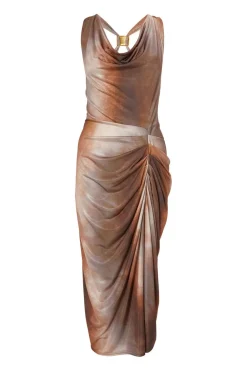 Quiz Going Out|Dresses>Brown Ruched Side Midi Dress
