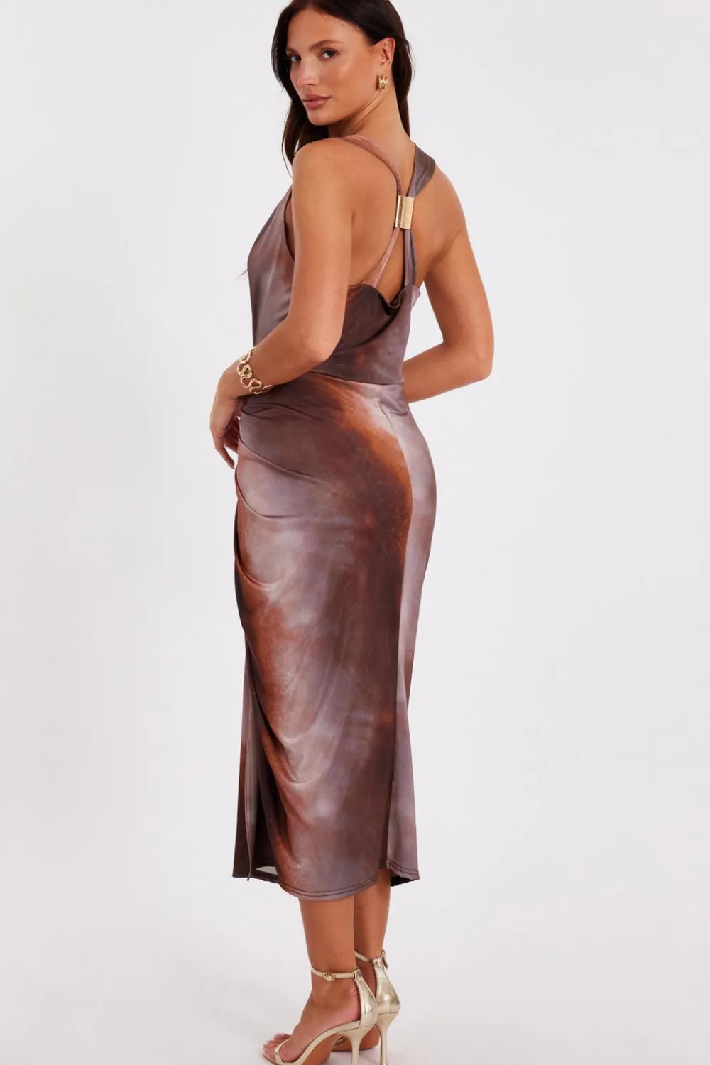 Quiz Going Out|Dresses>Brown Ruched Side Midi Dress