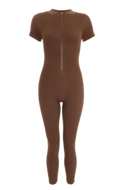 Quiz Jumpsuits|Casual Clothing>Brown Seamless Zip Jumpsuit