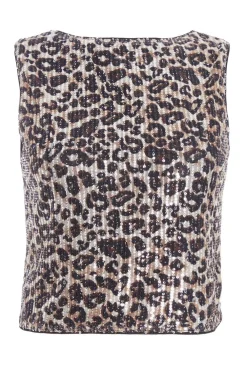 Quiz Going Out Tops|Crop Tops>Brown Sequin Leopard Print Crop Top