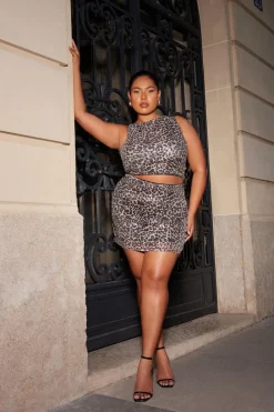 Quiz Skirts|Co-Ords>Brown Sequin Leopard Print Mini Skirt
