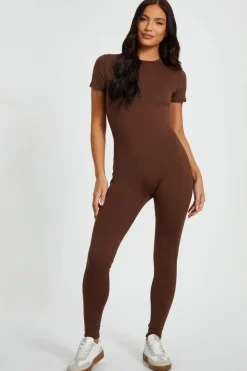 Quiz Summer Jumpsuits|Summer Clothes>Brown Short Sleeve Unitard