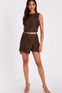 Quiz Skirts|Going Out>Brown Studded Faux Leather Skort