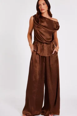 Quiz Trousers|Going Out>Brown Textured Satin Palazzo Trousers
