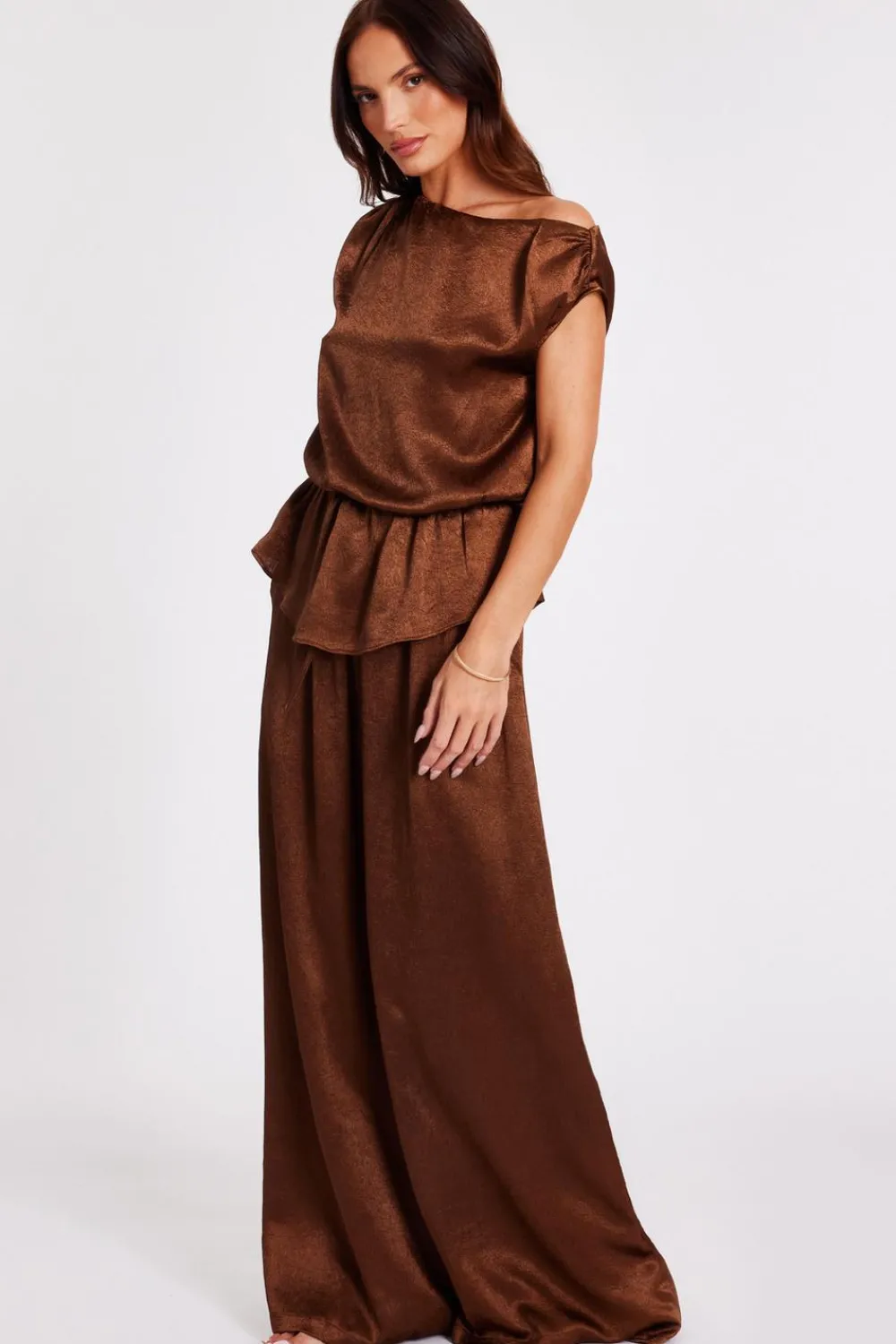 Quiz Going Out Tops|Tops>Brown Textured Satin Top