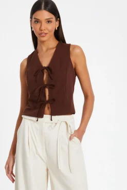 Quiz Waistcoat|Tops>Brown Tie Up Sleeveless Waistcoat