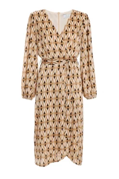 Quiz Workwear|Wrap Dresses>Camel Geometric Print Wrap Midi Dress