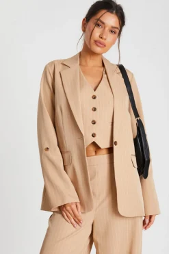 Quiz Workwear|Jackets & Coats>Camel Pinstripe Ruched Sleeve Blazer