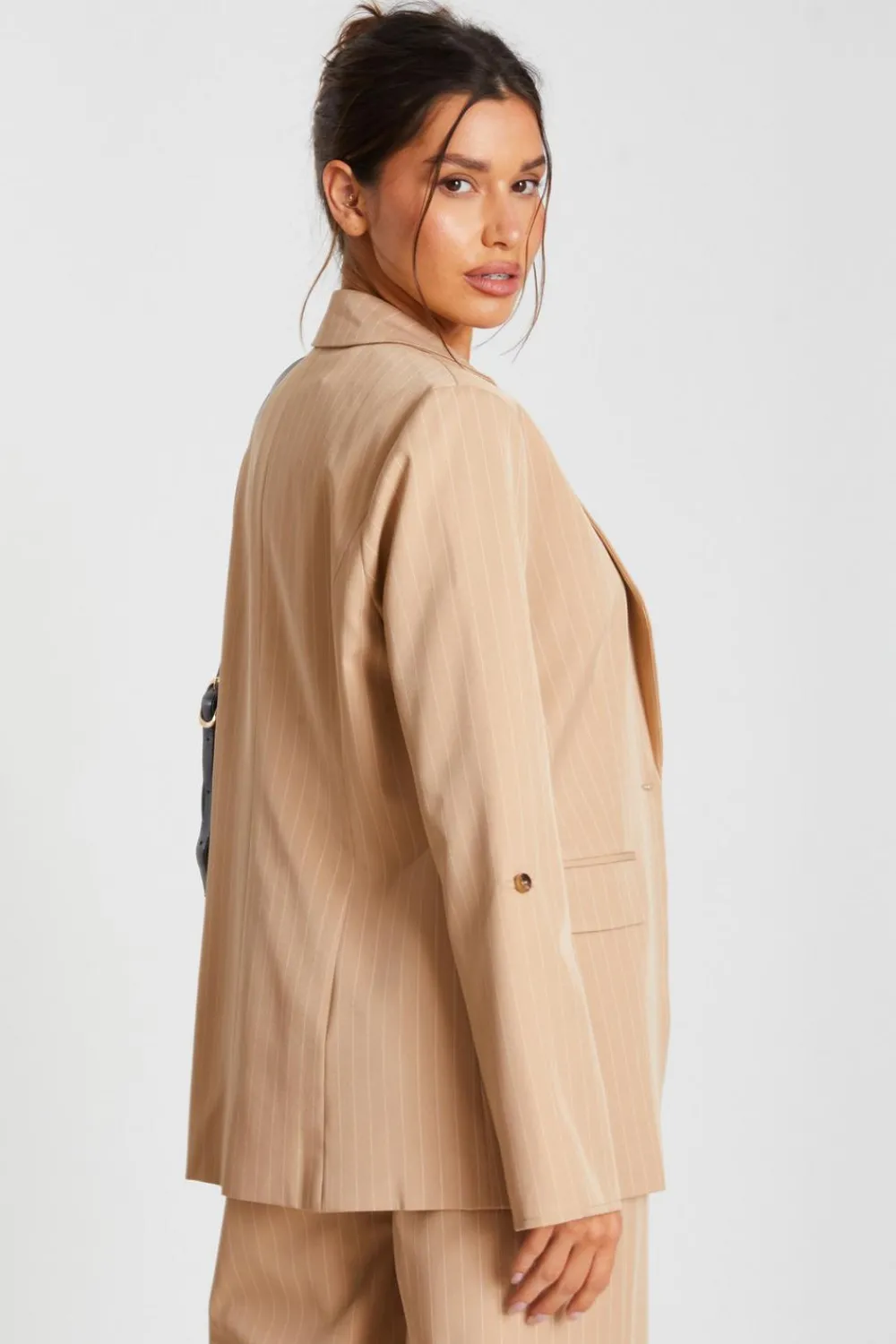 Quiz Workwear|Jackets & Coats>Camel Pinstripe Ruched Sleeve Blazer