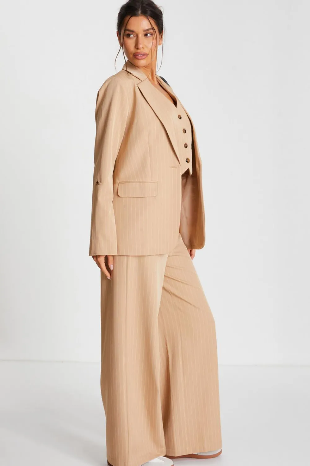 Quiz Workwear|Jackets & Coats>Camel Pinstripe Ruched Sleeve Blazer