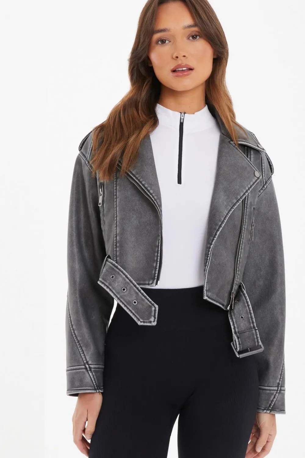 Quiz Modest|Jackets & Coats>Charcoal Faux Leather Oversized Biker Jacket