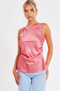 Quiz Summer Tops|Going Out Tops>Coral Satin Buckle Top