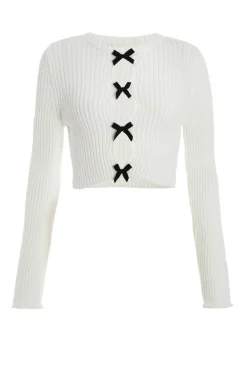 Quiz Knitwear|Casual Clothing>Cream Bow Front Cropped Jumper