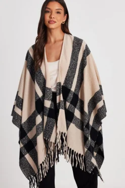 Quiz Capes & Ponchos>Check Print Tassel Cape