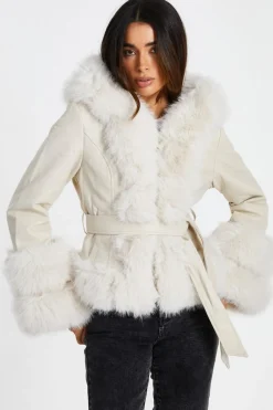 Quiz Jackets & Coats|Casual Clothing>Cream Faux Leather Belted Jacket