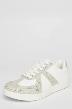 Quiz Trainers>Cream Faux Leather Diamante Trainers