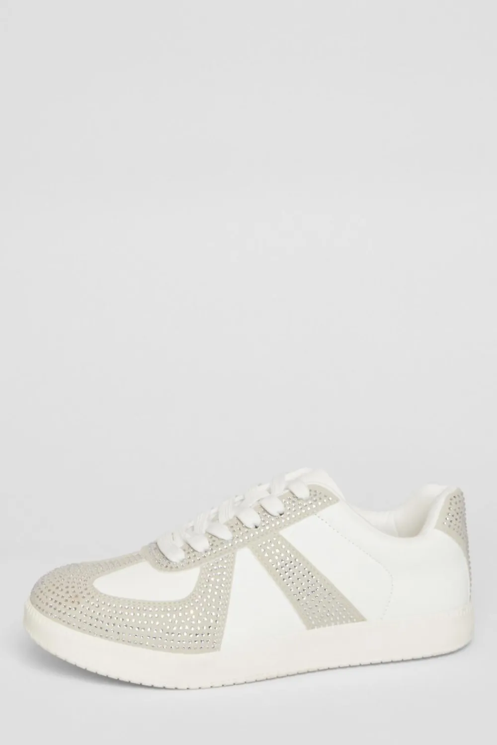 Quiz Trainers>Cream Faux Leather Diamante Trainers