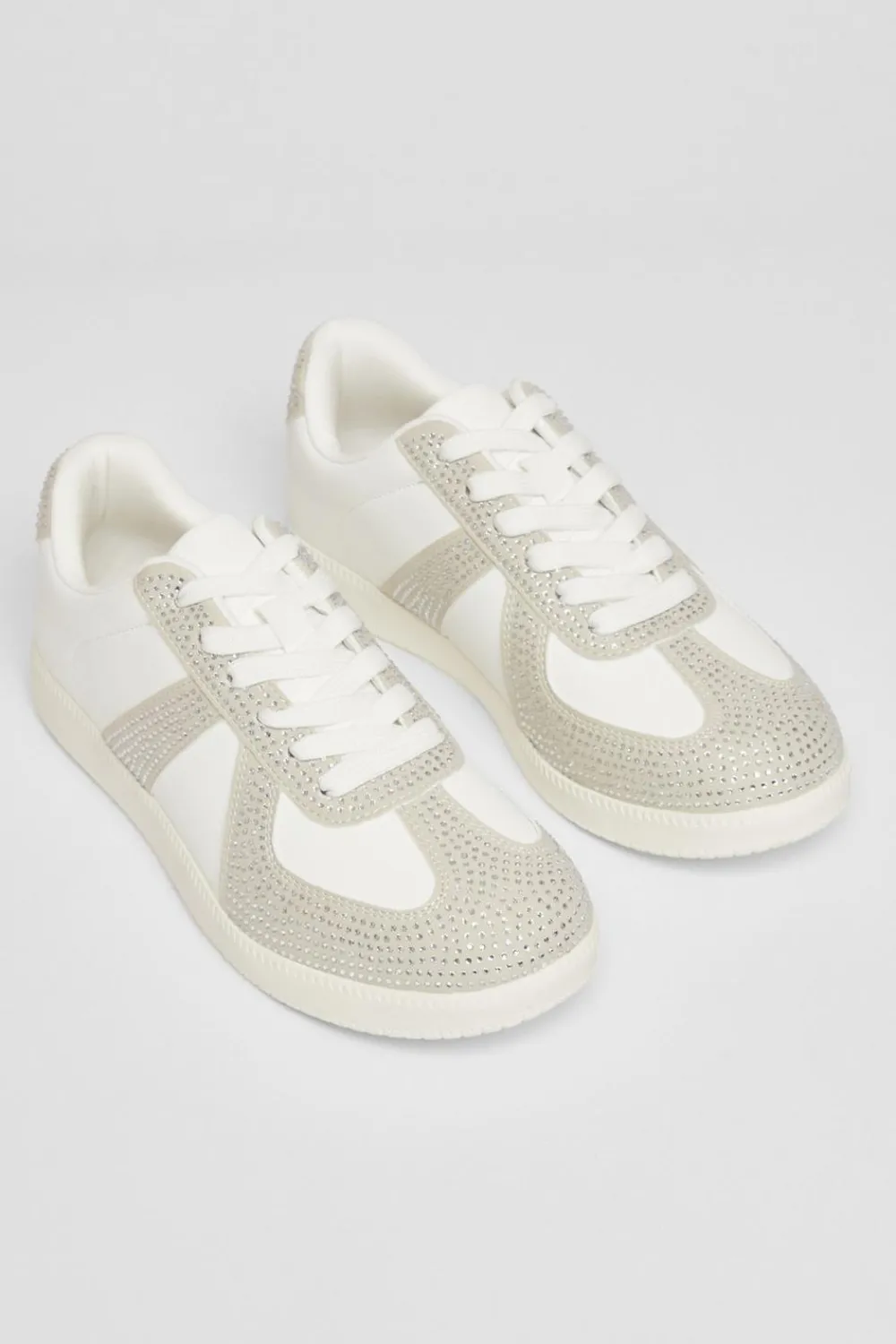 Quiz Trainers>Cream Faux Leather Diamante Trainers