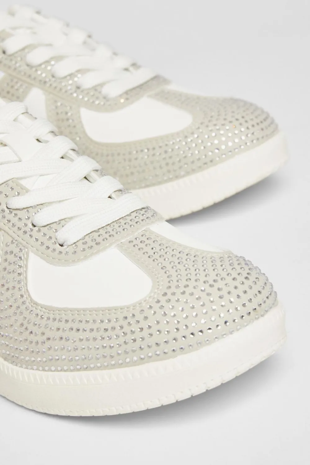 Quiz Trainers>Cream Faux Leather Diamante Trainers