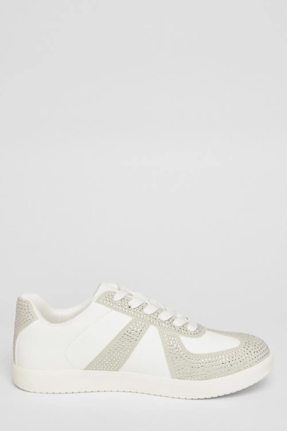 Quiz Trainers>Cream Faux Leather Diamante Trainers