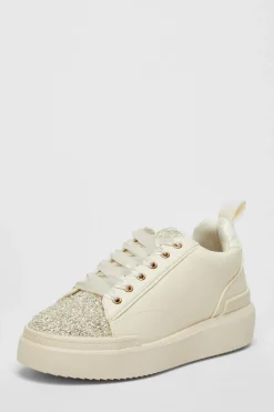 Quiz Trainers>Cream Faux Leather Glitter Trainers