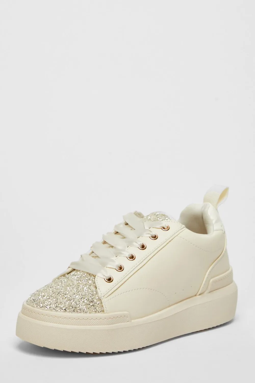 Quiz Trainers>Cream Faux Leather Glitter Trainers