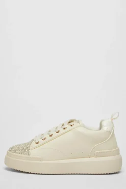 Quiz Trainers>Cream Faux Leather Glitter Trainers