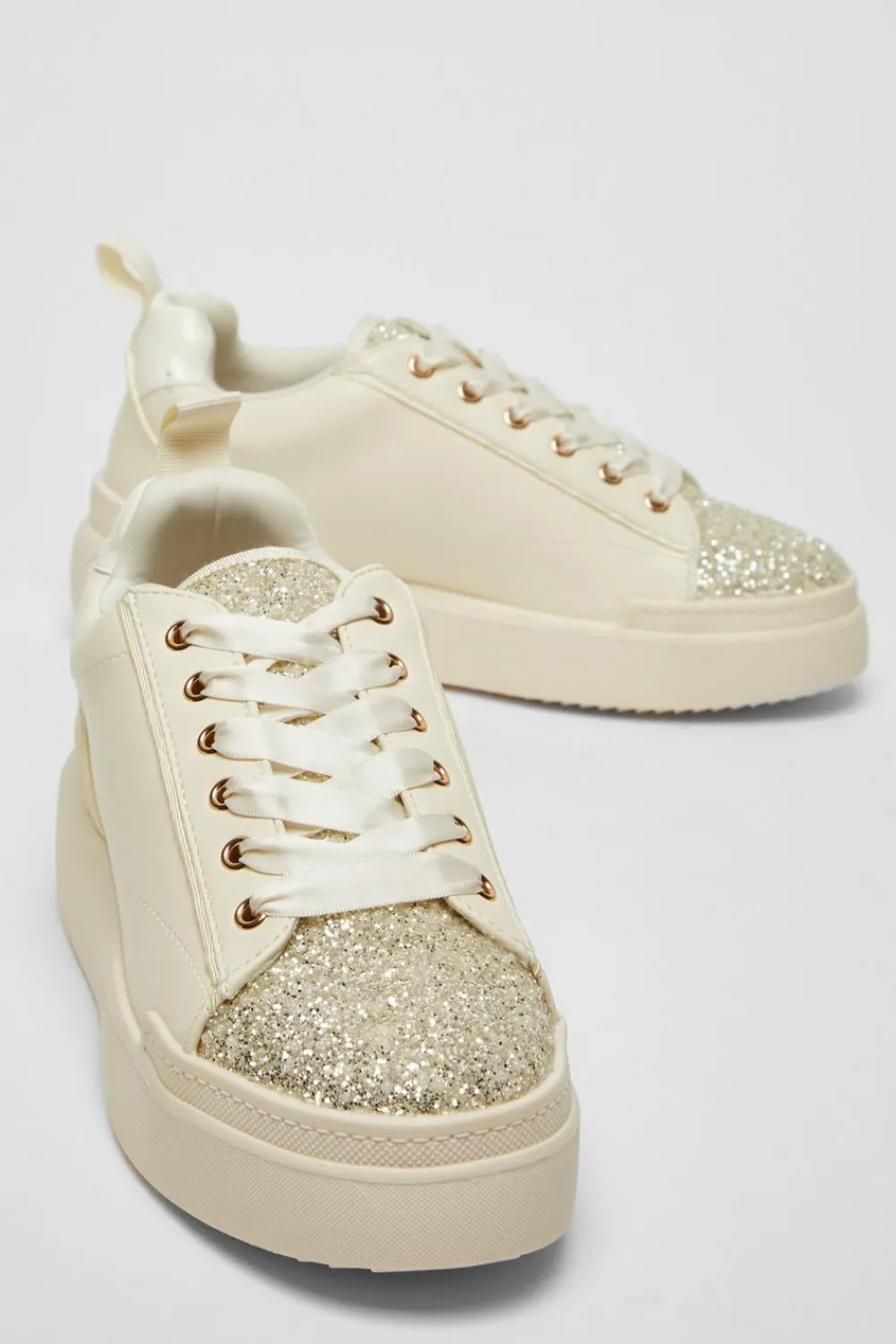 Quiz Trainers>Cream Faux Leather Glitter Trainers