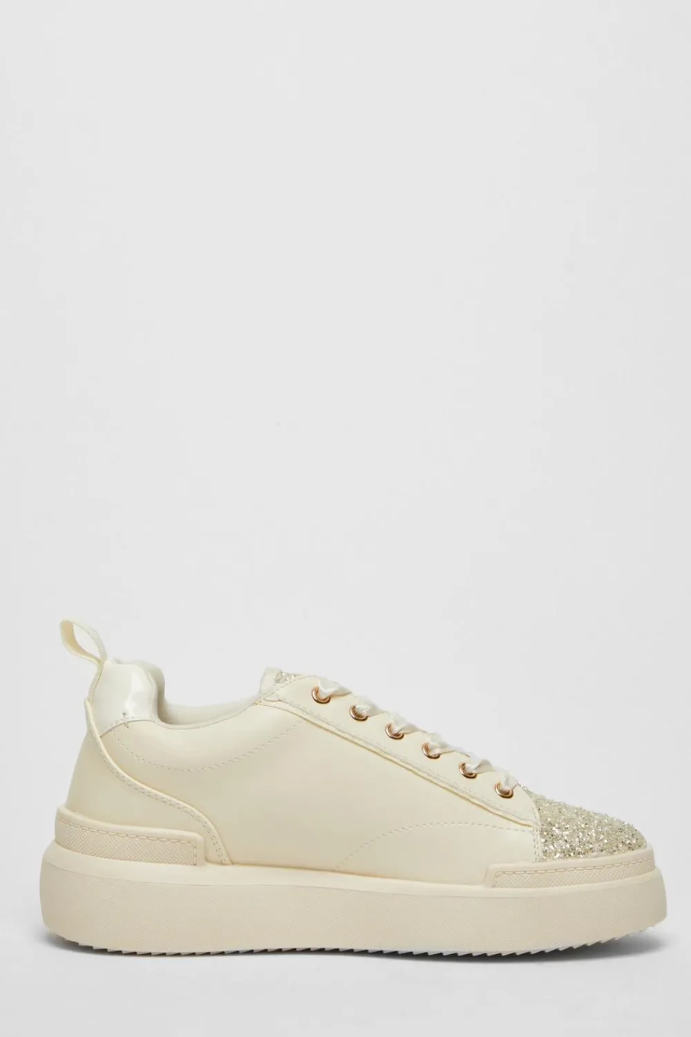 Quiz Trainers>Cream Faux Leather Glitter Trainers