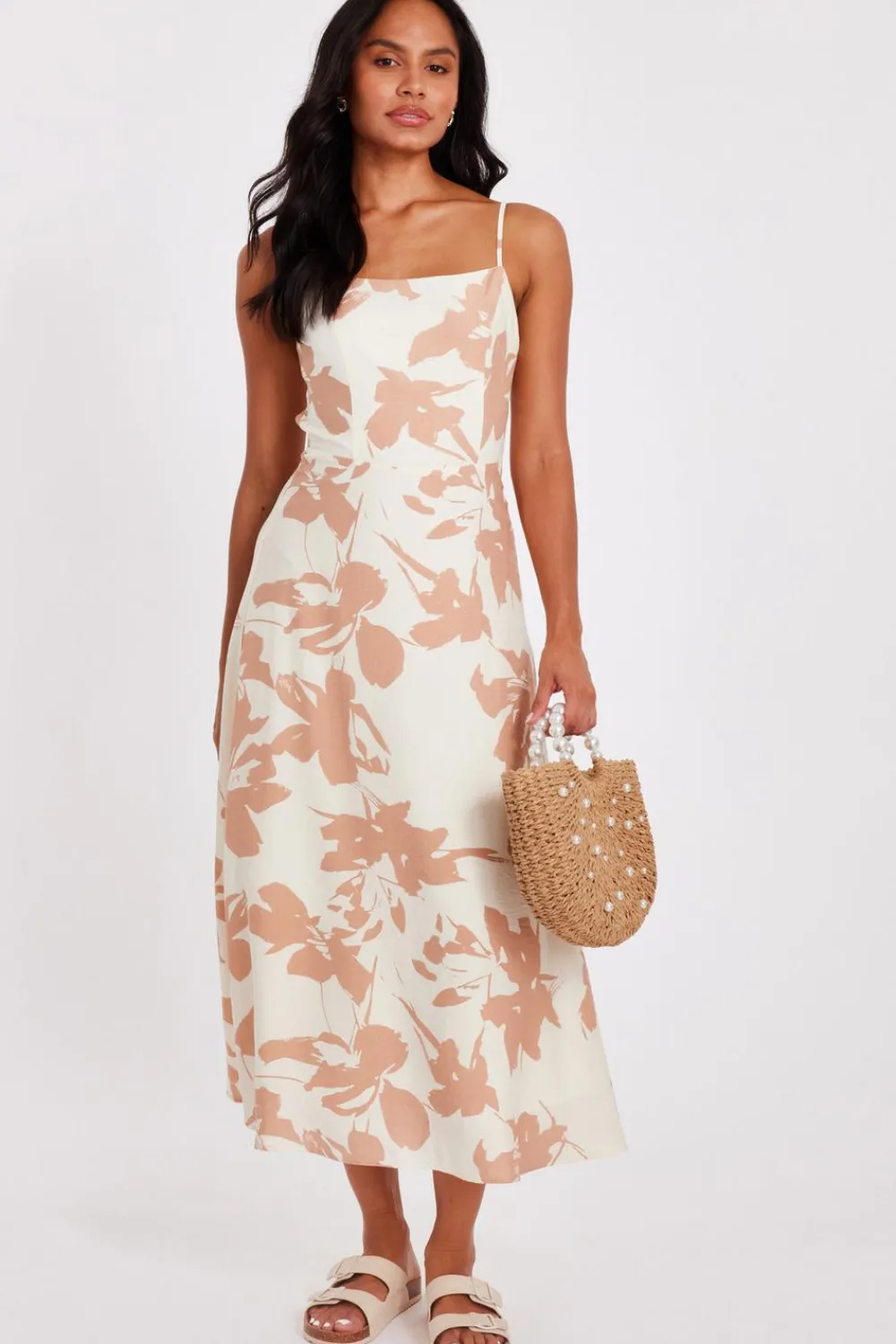 Quiz Summer Clothes|Holiday>Cream Floral Print Midi Dress
