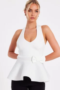 Quiz Going Out Tops|Christening Guest>Cream Halter Neck Peplum Top