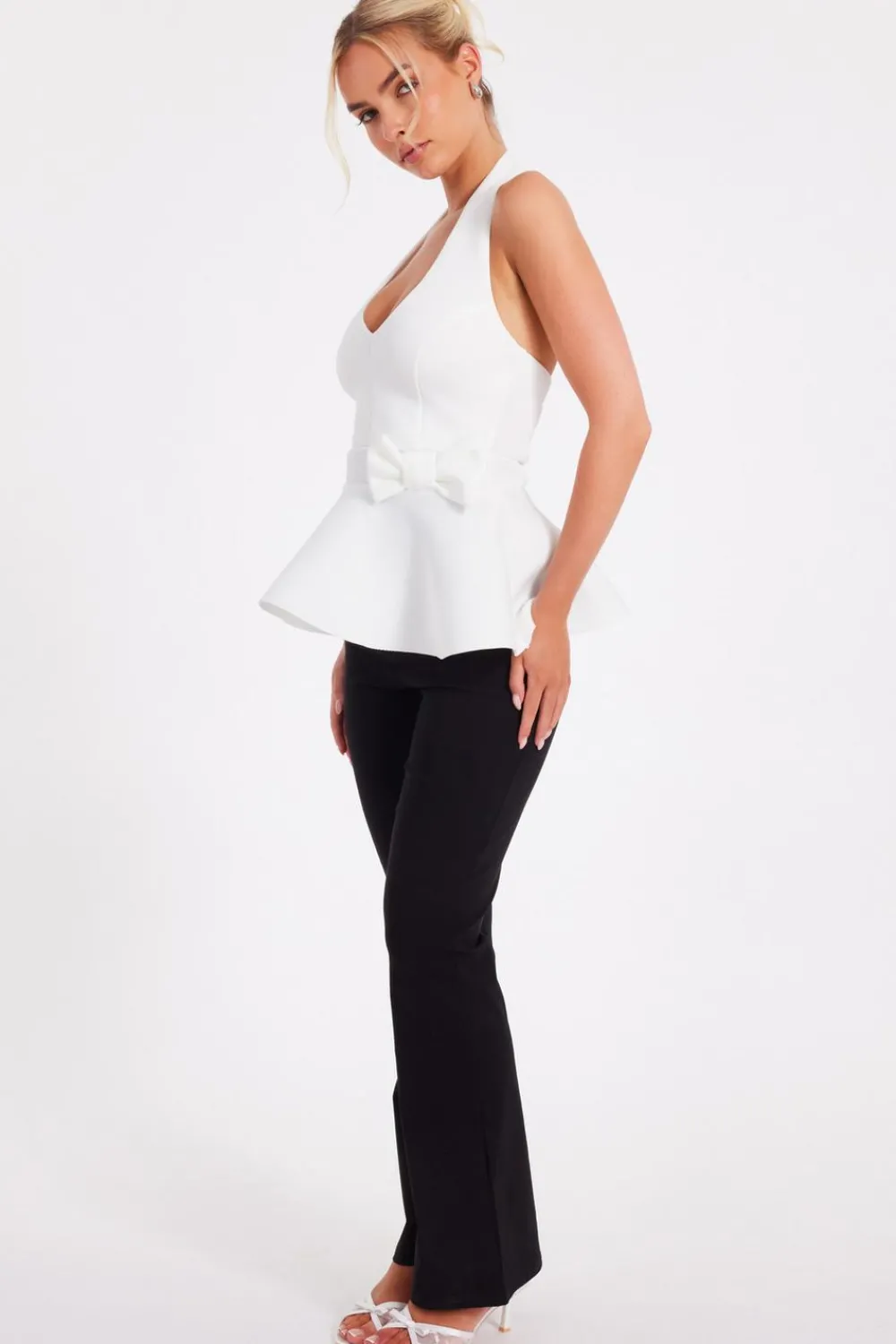 Quiz Going Out Tops|Christening Guest>Cream Halter Neck Peplum Top