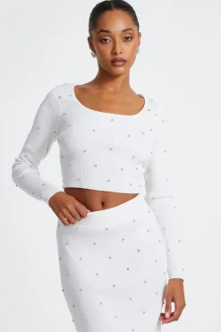 Quiz Going Out Tops|Crop Tops>Cream Knit Diamante Cropped Jumper