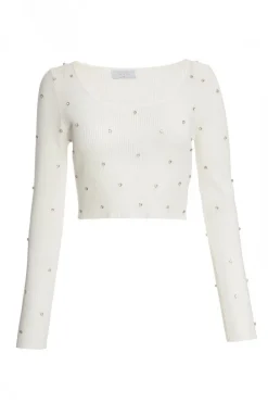 Quiz Going Out Tops|Crop Tops>Cream Knit Diamante Cropped Jumper