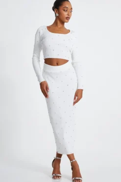 Quiz Skirts|Knitwear>Cream Knit Diamante Midi Skirt
