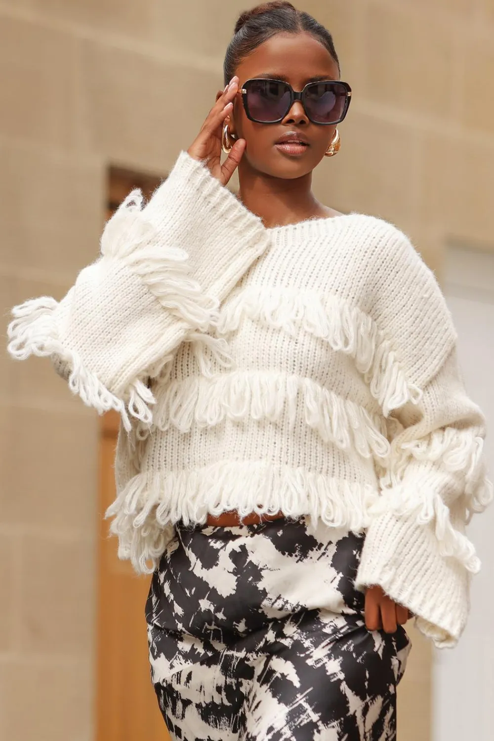 Quiz Knitwear|Jumpers>Cream Knit Fringe Detail Jumper