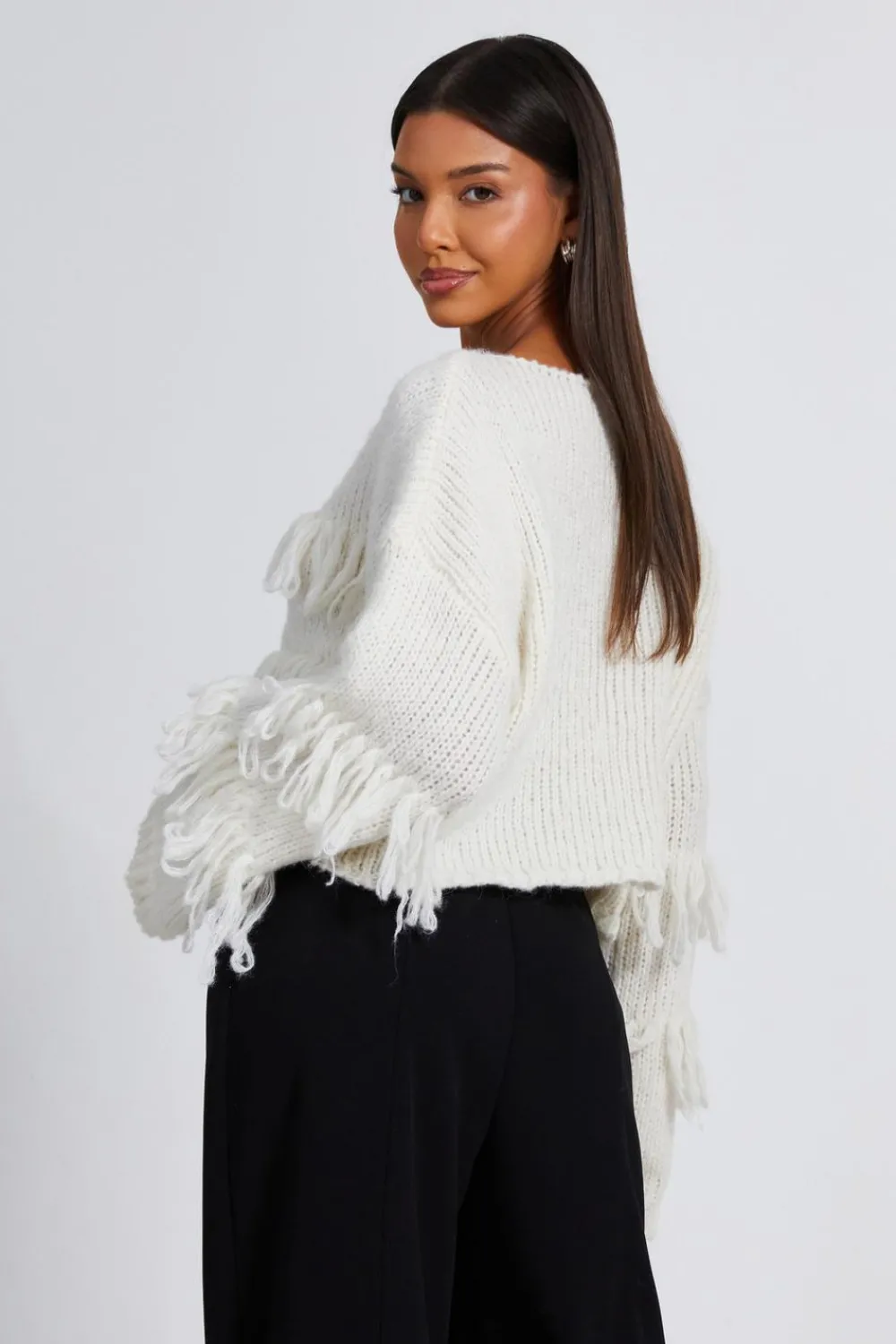 Quiz Knitwear|Jumpers>Cream Knit Fringe Detail Jumper
