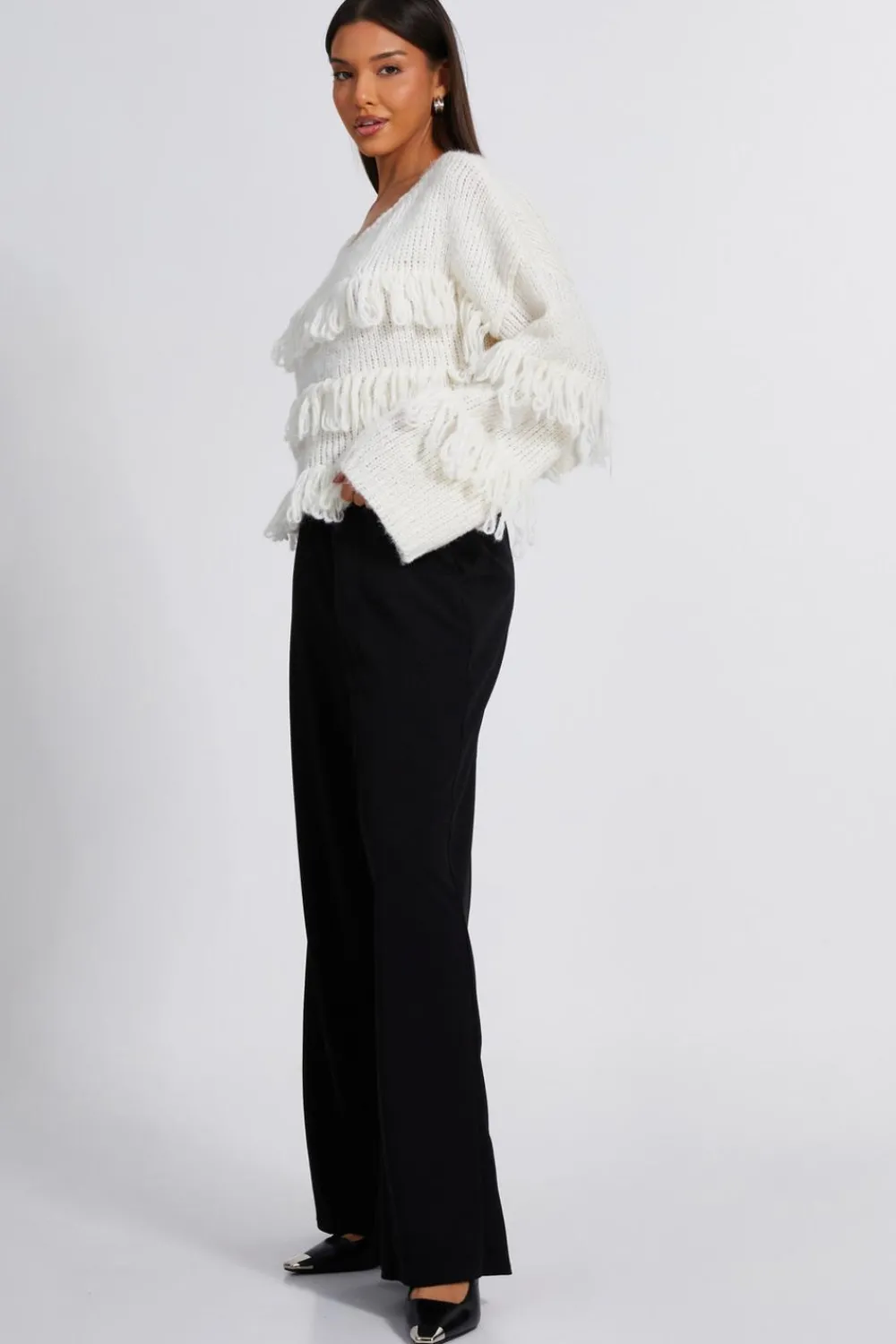 Quiz Knitwear|Jumpers>Cream Knit Fringe Detail Jumper
