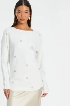 Quiz Knitwear>Cream Knitted Beaded Batwing Jumper