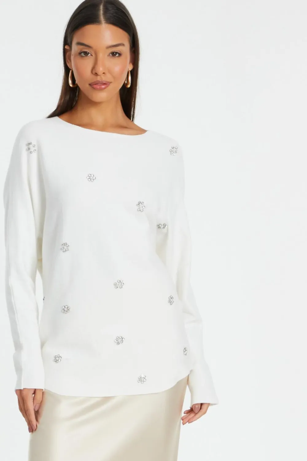 Quiz Knitwear>Cream Knitted Beaded Batwing Jumper