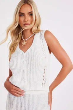 Quiz Summer Tops|Day Tops>Cream Knitted Button Front Top