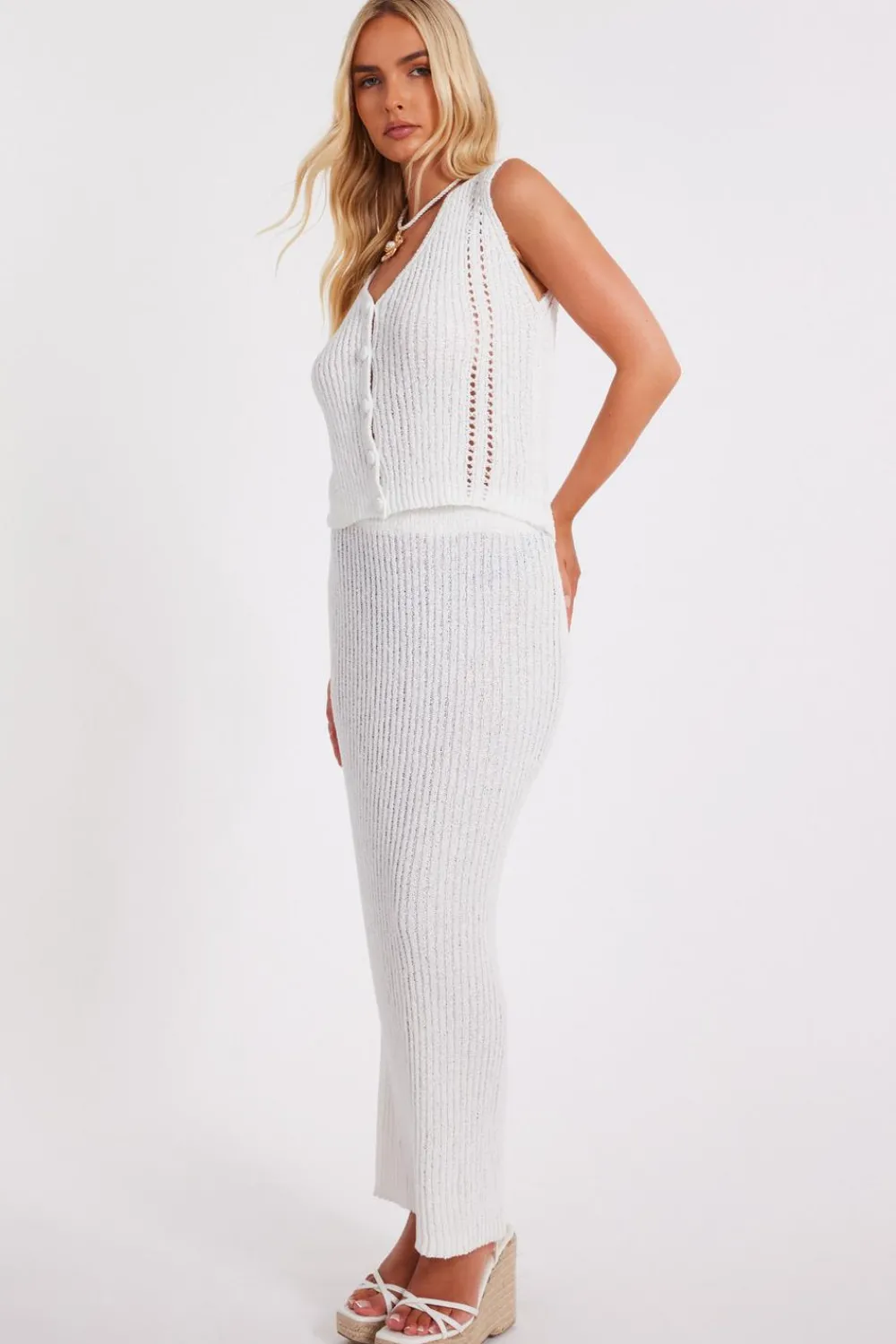Quiz Summer Tops|Day Tops>Cream Knitted Button Front Top