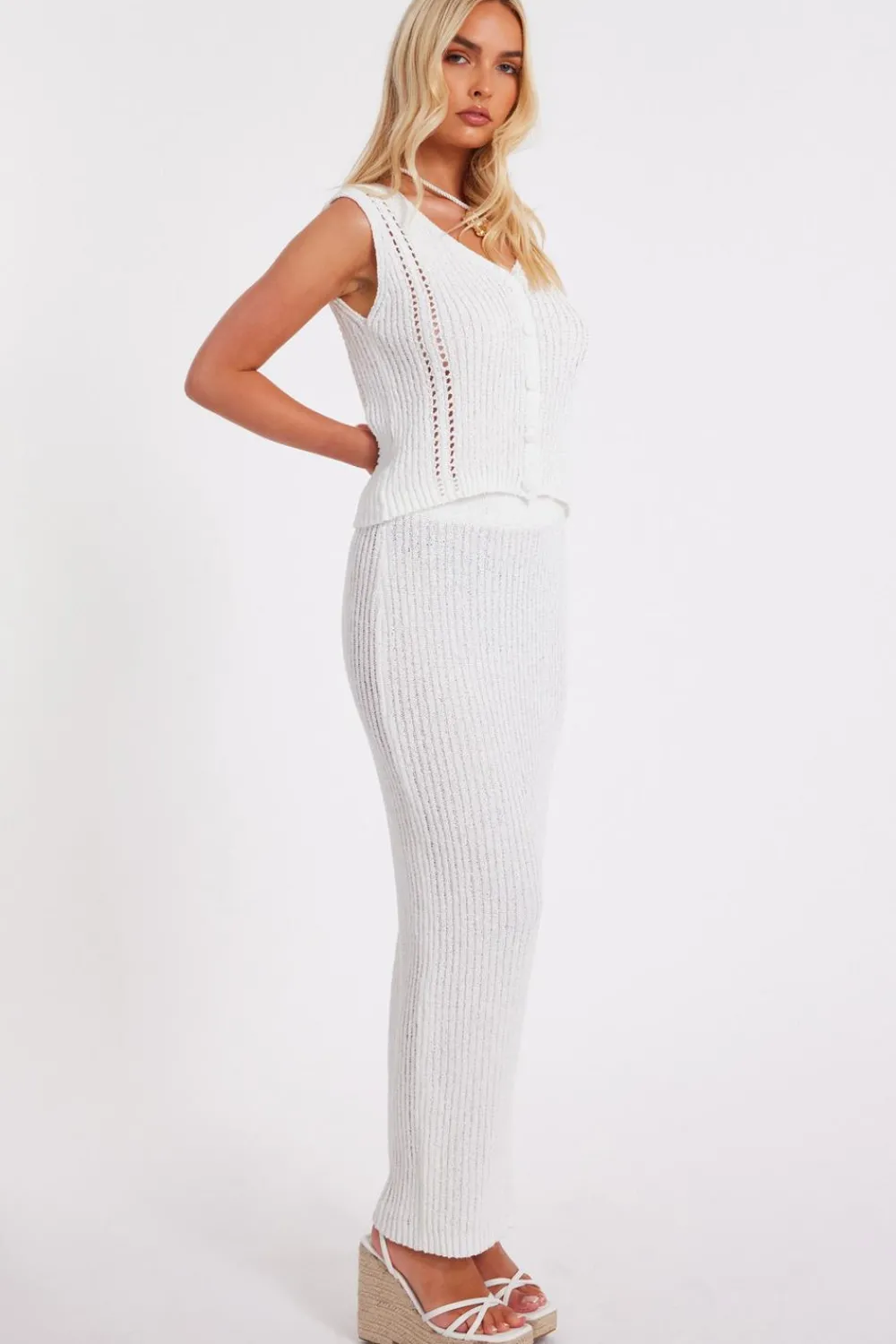 Quiz Skirts|Knitwear>Cream Knitted Midaxi Skirt