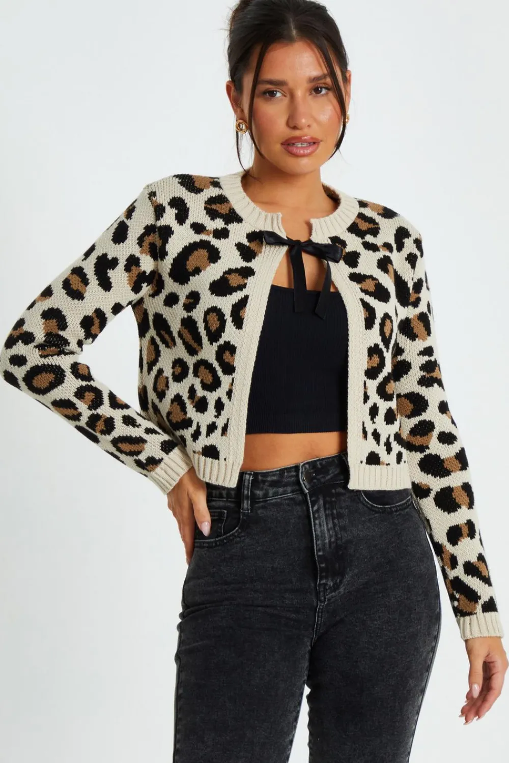 Quiz Casual Clothing>Cream Leopard Print Knit Cardigan